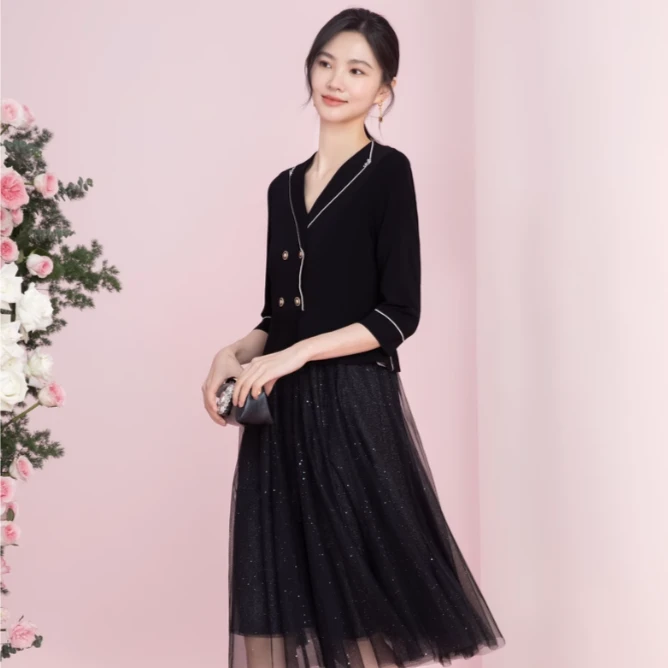 【欧若智性风】珂莱蒂尔新款假两件气质优雅连衣裙礼服KF08723W0