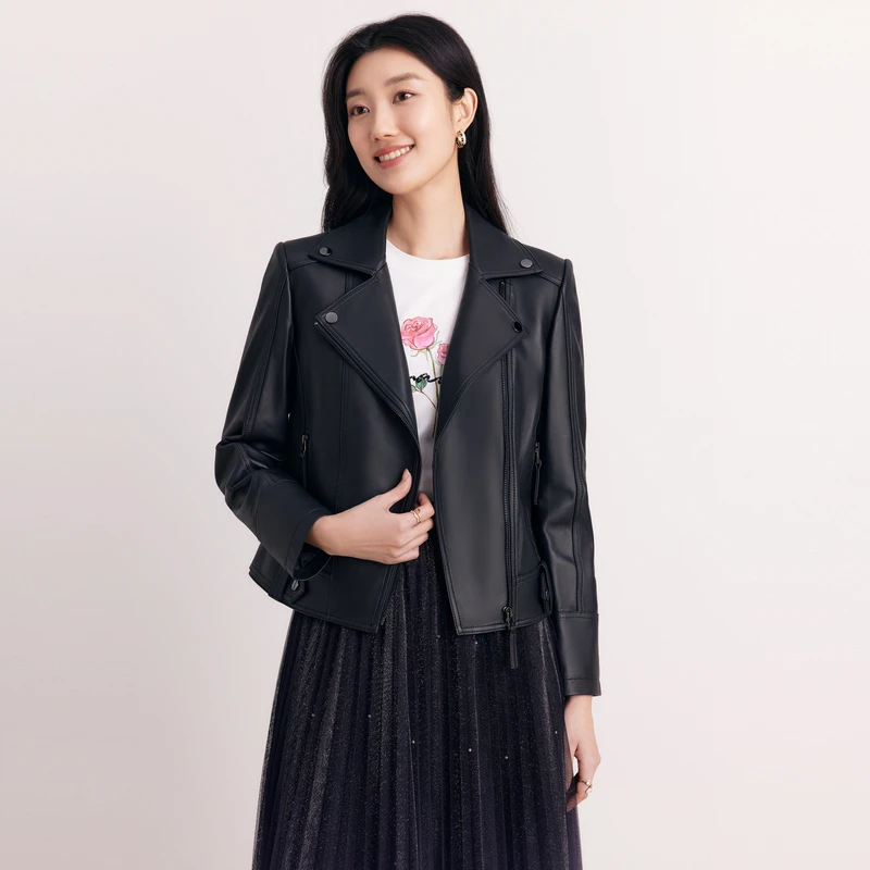 【明星系列】显瘦翻领气质百搭真皮皮夹克外套KP00235