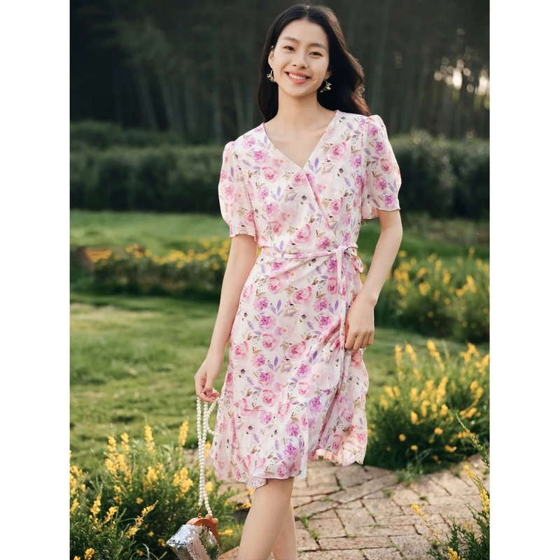 Koradior/珂莱蒂尔新款桑蚕丝茶歇裙子V领连衣裙女KF10855A1