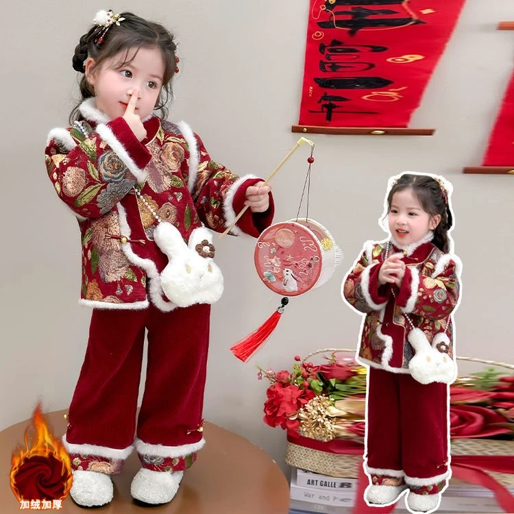 拜年服女童加绒国风汉服套装冬季儿童宝宝红色喜庆新年衣服过,AZ