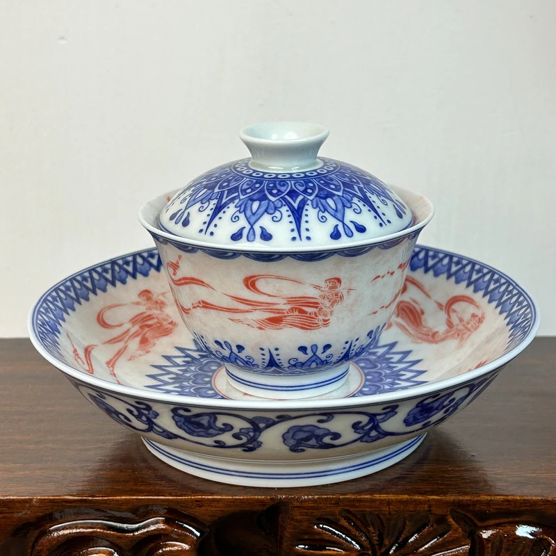 景德镇七丞堂拓片敦煌三兔飞天茶具陶瓷盖碗壶承家用功夫茶复古