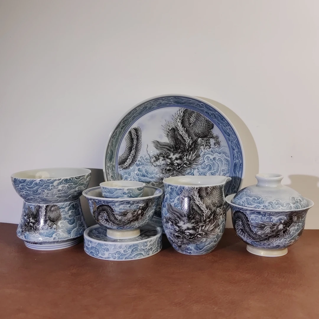 景德镇陶瓷墨龙游海盖碗套组茶器功夫茶描金元宝大壶承成套茶器