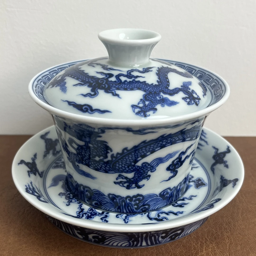 景德镇青花仿元宣德龙纹三才马蹄盖碗泡茶碗盖碗2024茶具新款爆款