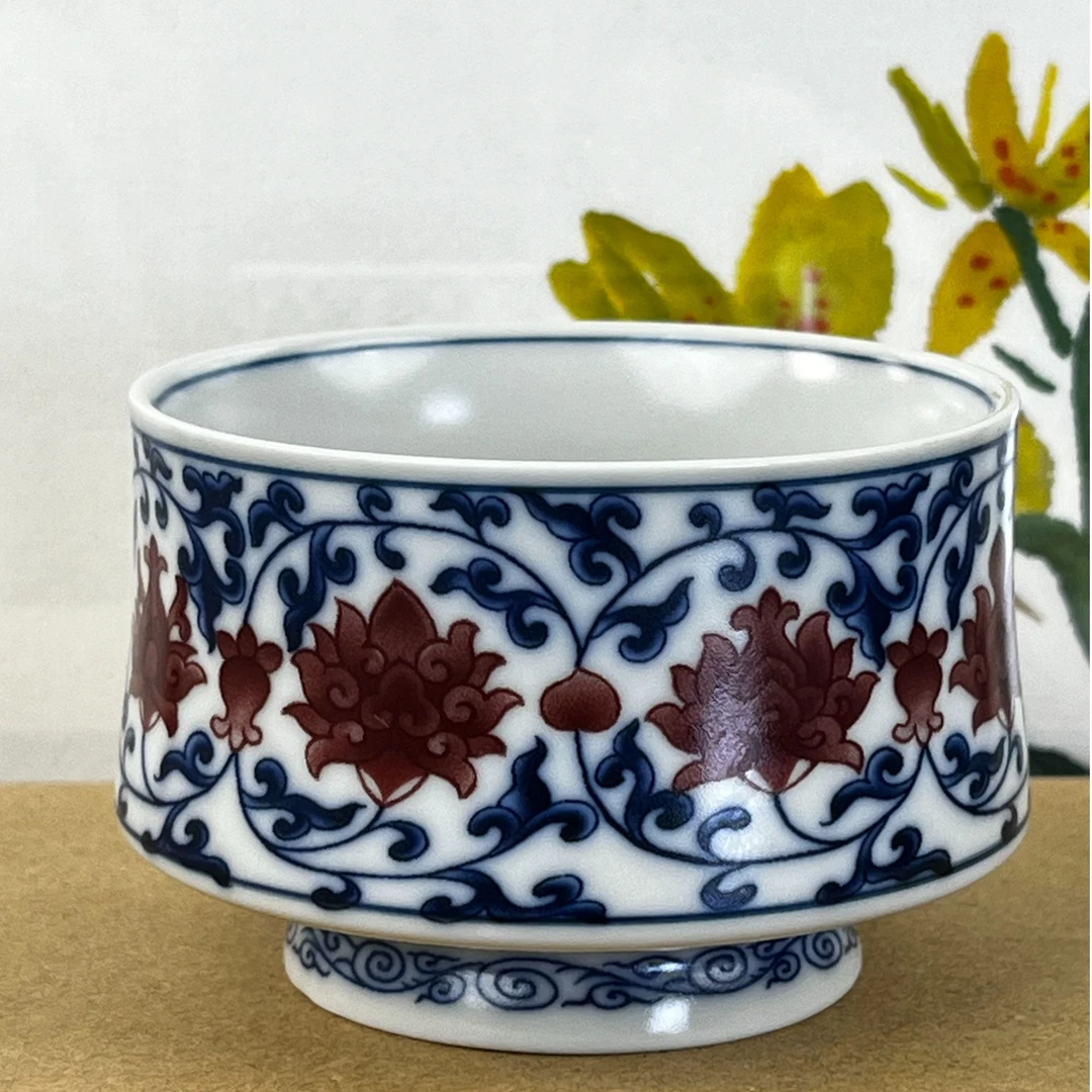 景德镇陶瓷汝窑釉里红缠枝连盖碗高足主人杯