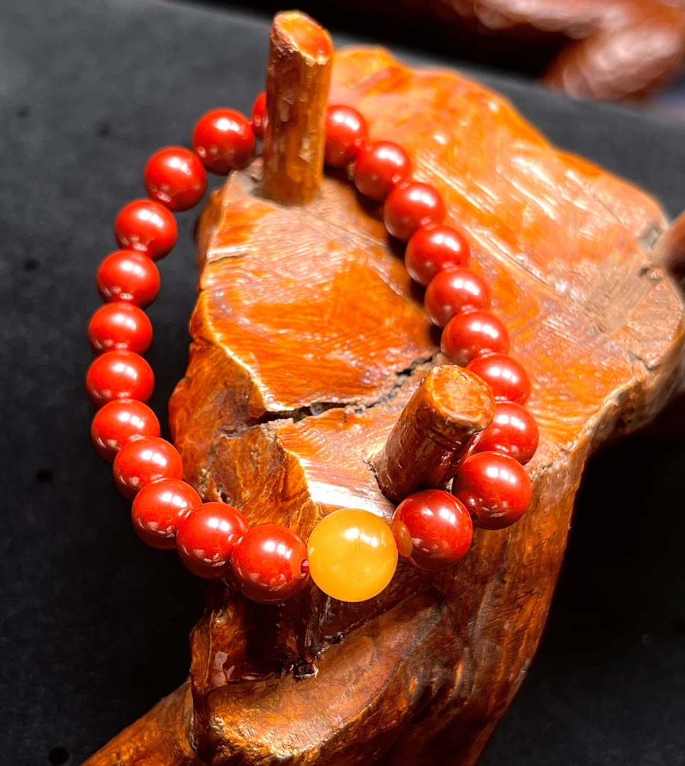 辰砂（处理）【巨伶石】朱砂工艺蜜蜡单圈手串【多样性发一】