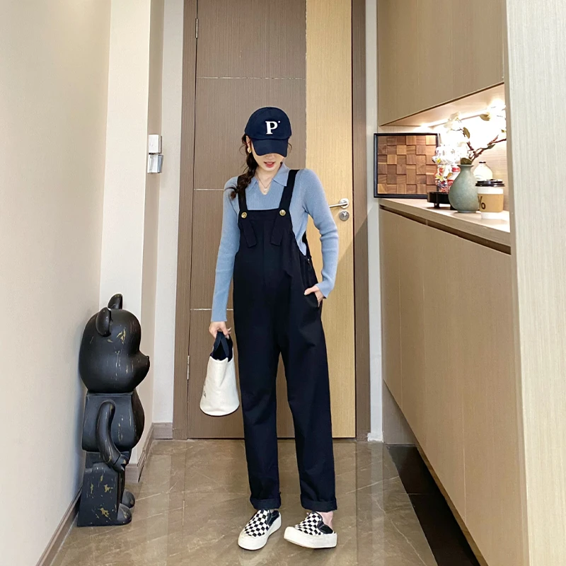 【喵久久】孕妇装秋装韩版简约翻领长袖上衣时尚百搭孕妇背带裤