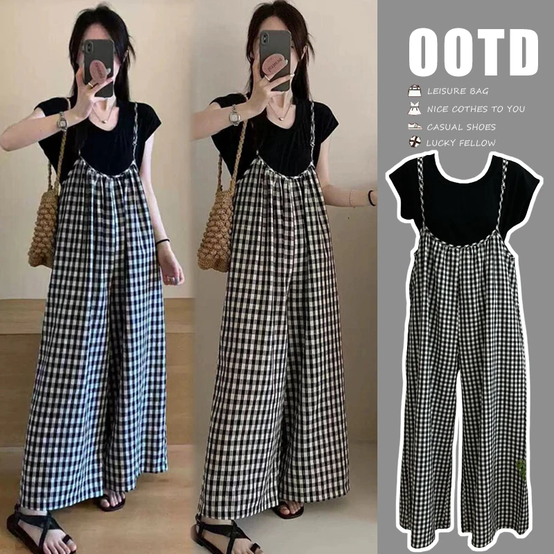 【喵久久】孕妇背带裤休闲百搭夏季短袖T恤格纹气质显瘦吊带背带