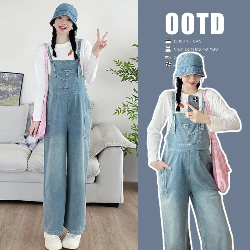 【喵久久】2024秋款新款孕妇简约复古小清新牛仔背带裤刺绣上衣女