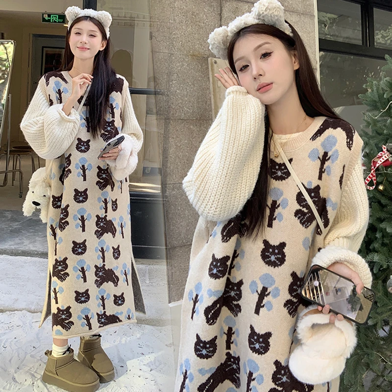 【喵久久】孕妇装秋冬韩系宽松上衣猫咪提花显瘦背心针织孕妇连衣裙