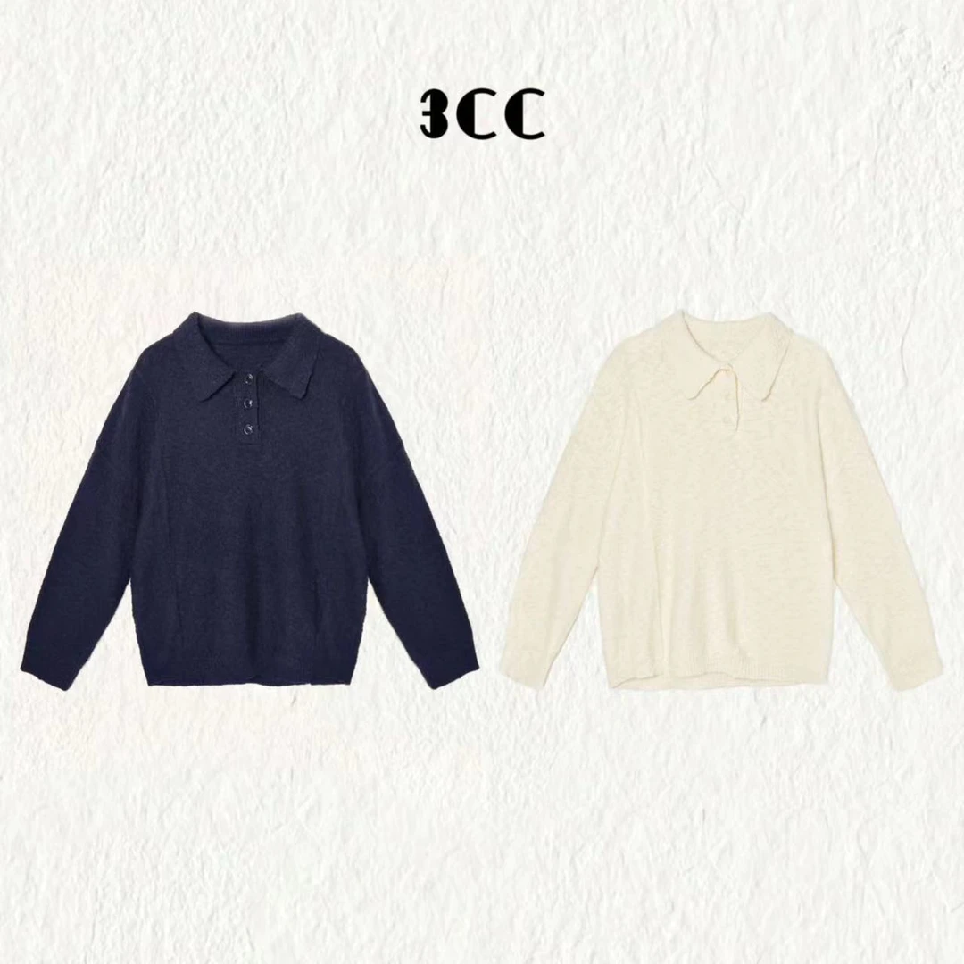 3CC【手工毛织polo】满分棉重工手工长袖针织翻领毛衣宽松套头8519