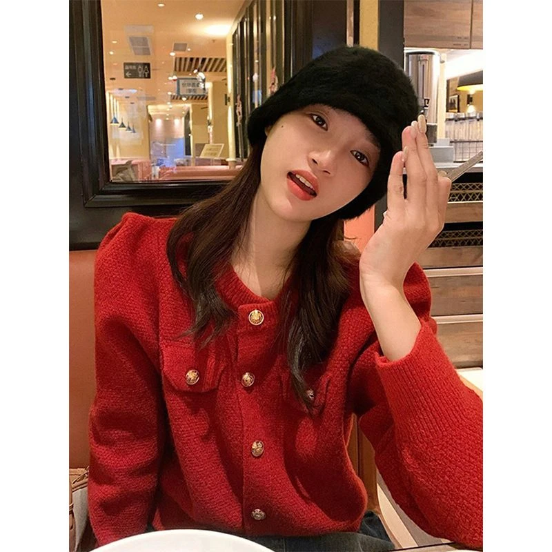 潮牌红色毛衣女春秋2024年新款本命年冬季小香风针织开衫外套