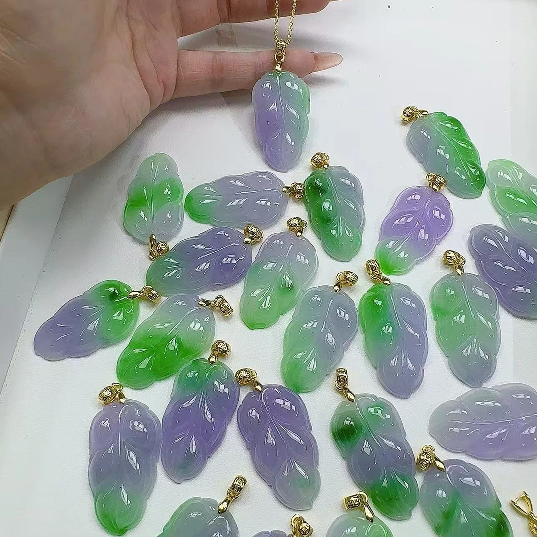 14k翡翠春彩大叶子吊坠