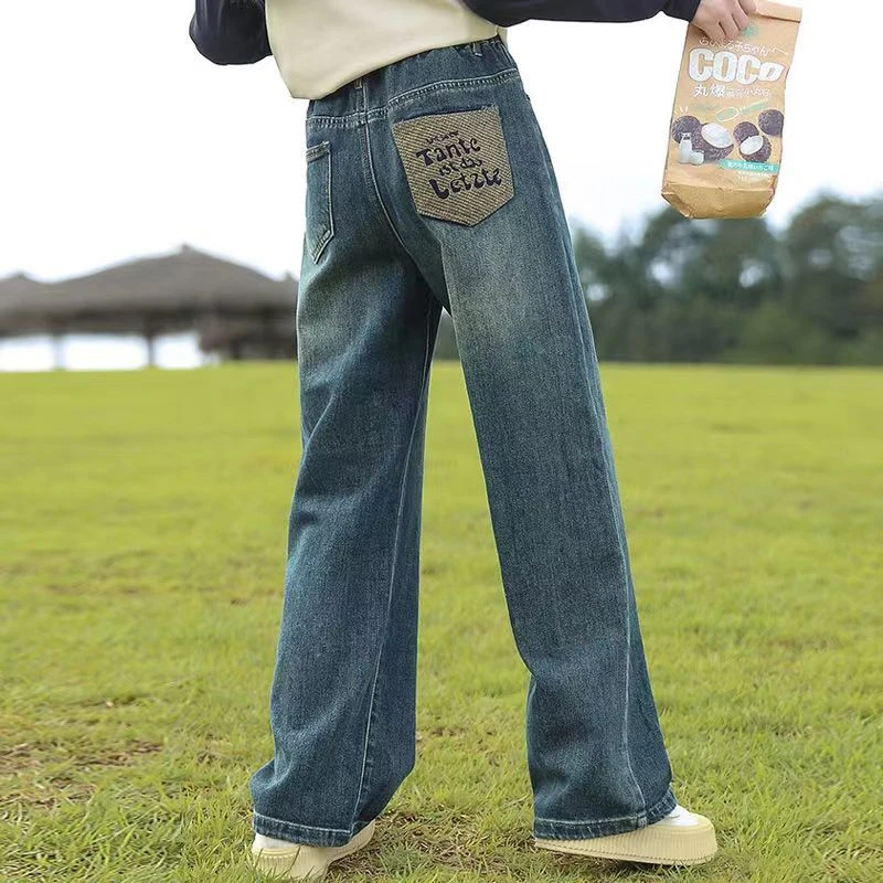 女童2024春季新款刺绣牛仔裤中大童宽松直筒秋款牛仔阔腿裤潮长裤