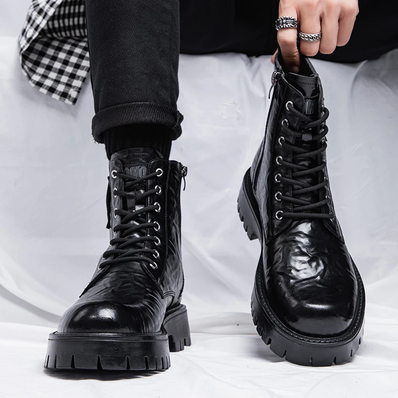 马丁靴男2025春季新款中长筒工装英伦雅痞皮靴子男士加绒保暖棉靴