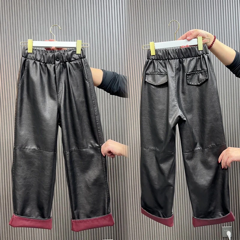 显瘦百搭九分皮裤女2024秋季新款哈伦萝卜裤直筒休闲裤时尚阔腿裤