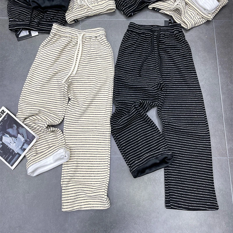 欧货加绒条纹休闲裤女裤2024冬季新款宽松显瘦抽绳直筒裤拖地裤潮