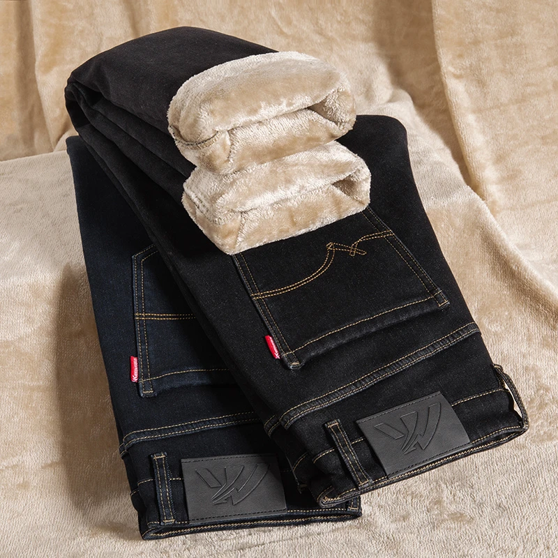 新塘牛仔裤新款男士加绒纯色弹力加绒加厚海岛法莱绒棉裤直筒百搭