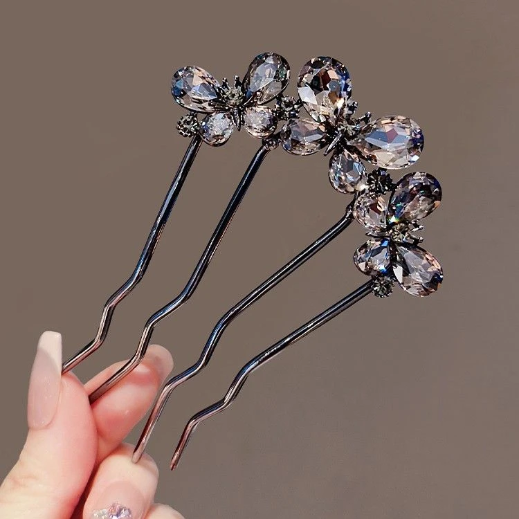 枪黑色法式气质水钻蝴蝶波浪发梳优雅百搭盘发神器簪子发钗女