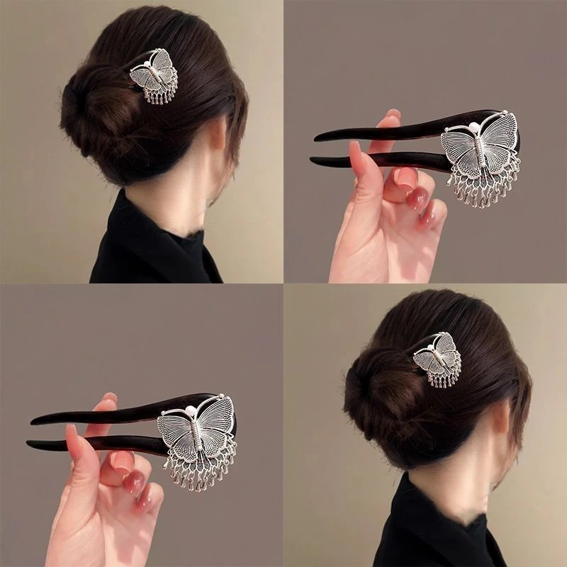 民族风蝴蝶发钗女气质马面裙头饰发簪2024新款后脑勺盘发木制簪子
