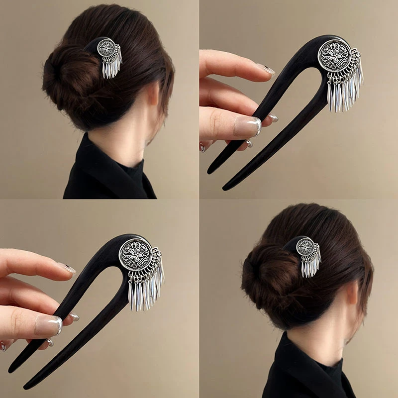 新中式花朵流苏双插发簪女古风高级感簪子U型发钗高档头饰品