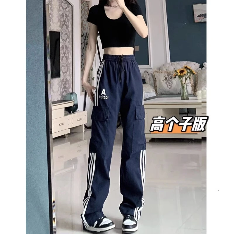 美式三条杠运动裤女夏季休闲高街阔腿裤爵士跳舞工装裤子高腰显瘦