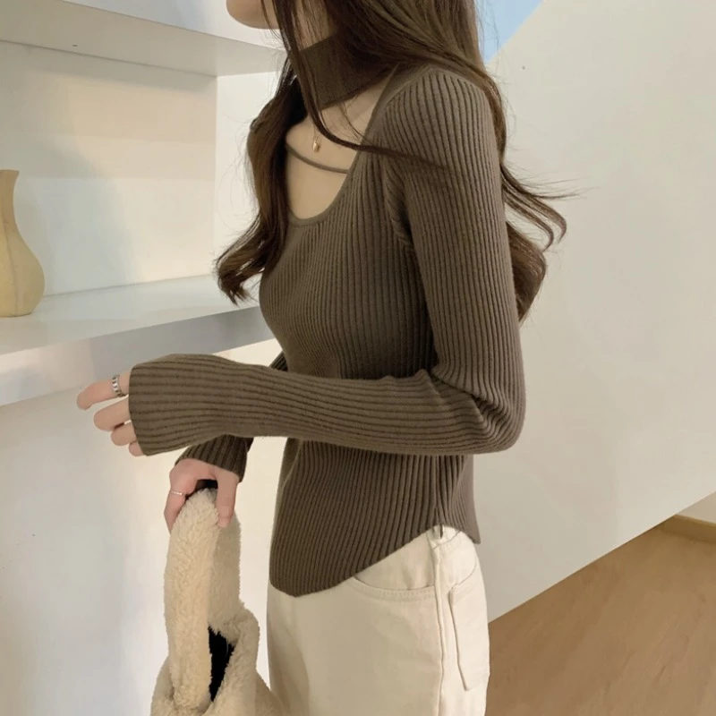 2024秋冬季新款别致上衣心机针织打底衫女装秋冬内搭纯欲挂脖毛衣