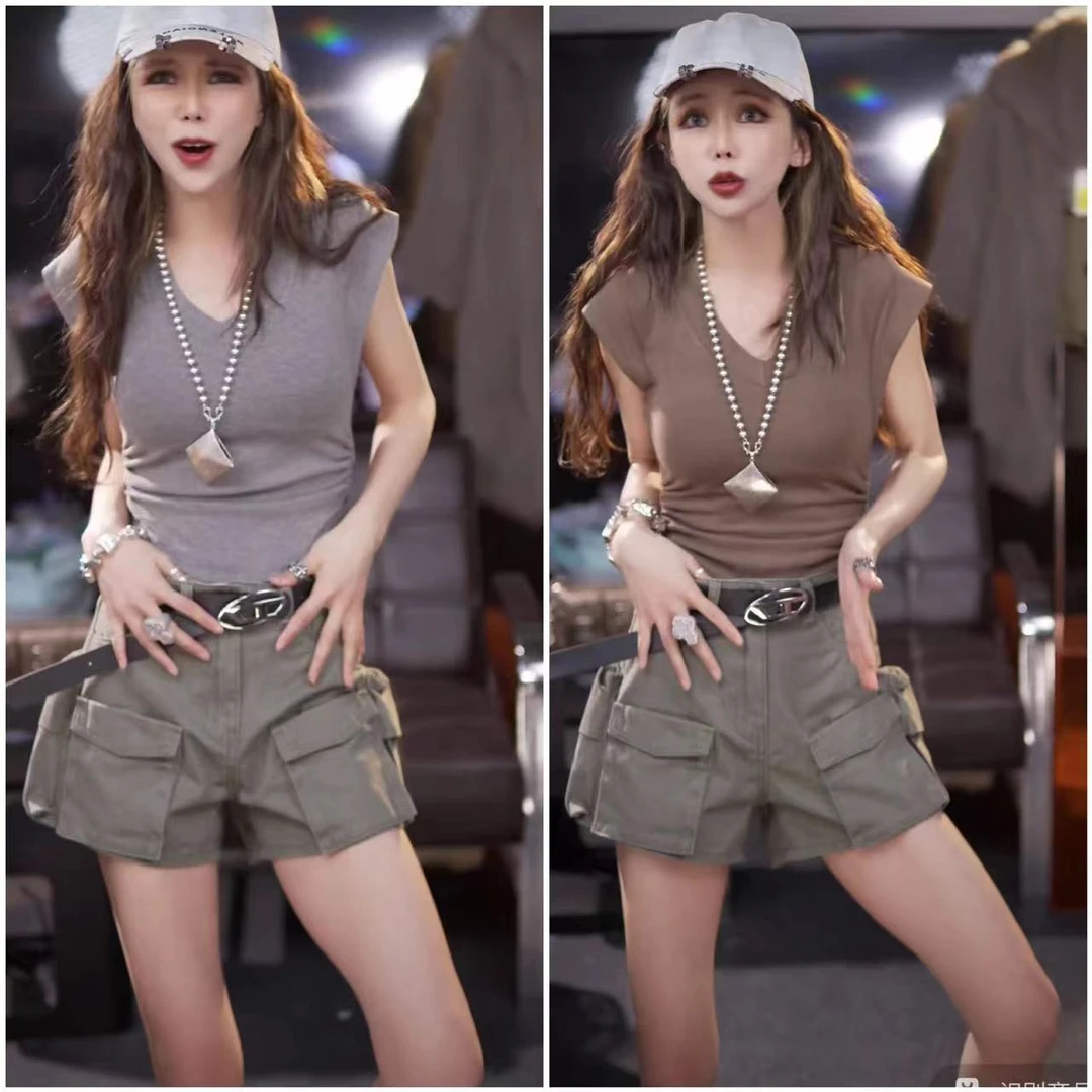 夏季V领正肩短袖t恤女纯欲辣妹修身无袖上衣设计感小众小飞袖体恤