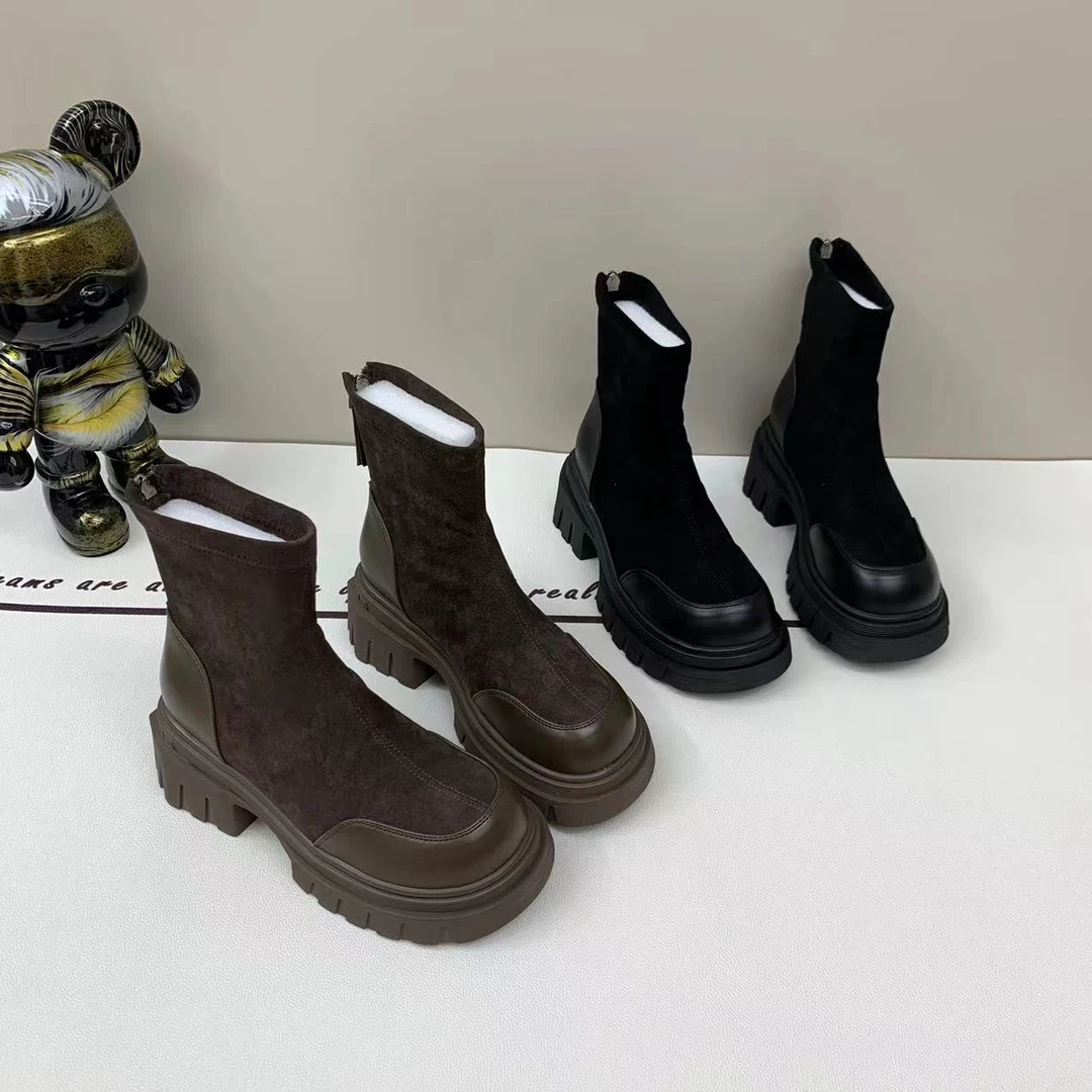 2024秋冬新款厚底增高休闲弹力圆头袜筒靴瘦瘦靴