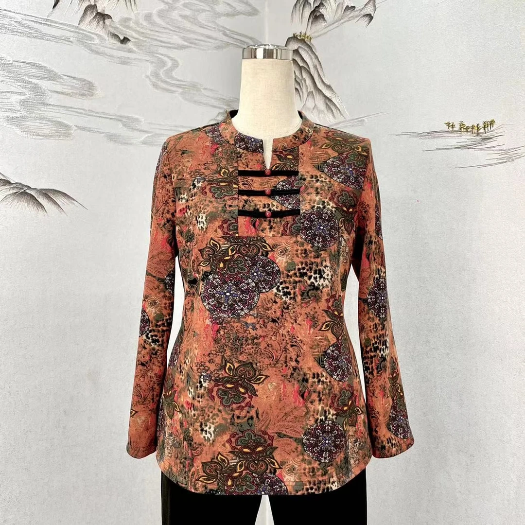 司缪轻奢大码女装女士时尚新中式小衫复古打底加绒加厚上衣W2831