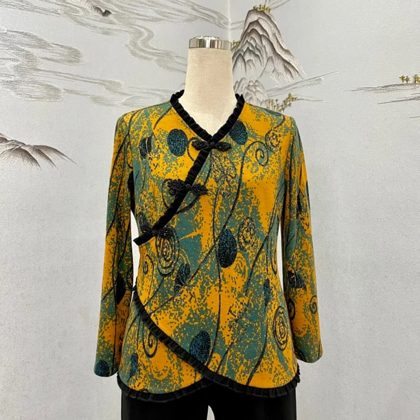 司缪轻奢大码女装原创设计气质女士中式木耳边加绒加厚上衣W2829