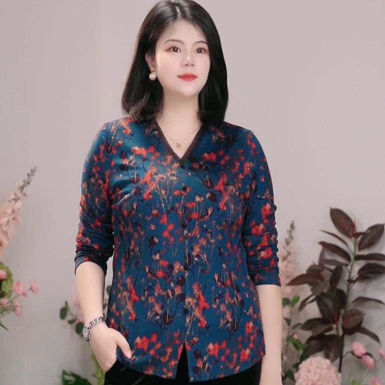 司缪【W5180】轻奢大码女装气质妈妈装小衫碎花显瘦百搭V领上衣