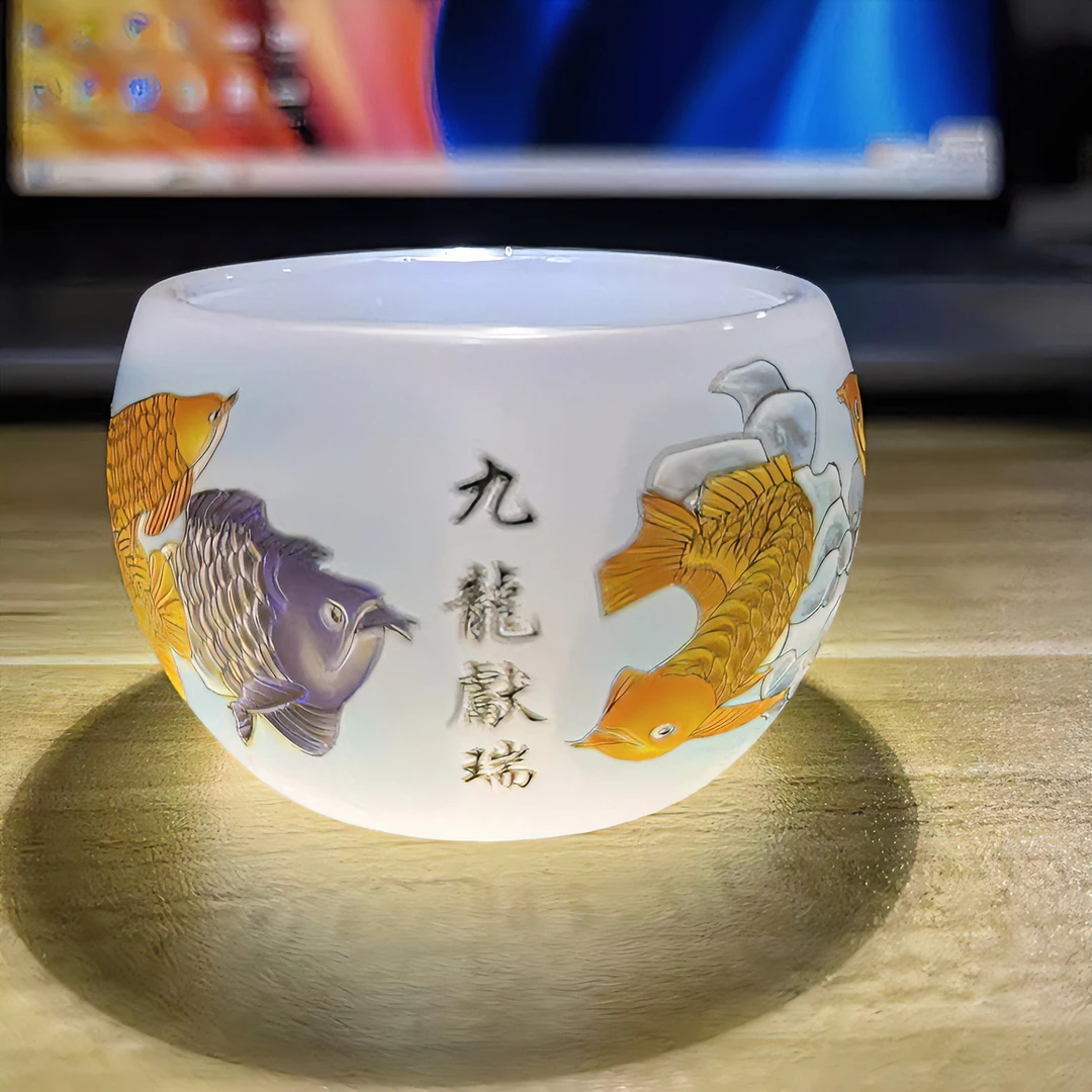 【九龙献瑞白色】琉璃杯品茗杯茶器茶具 主人杯 （无礼盒）手工茶盏