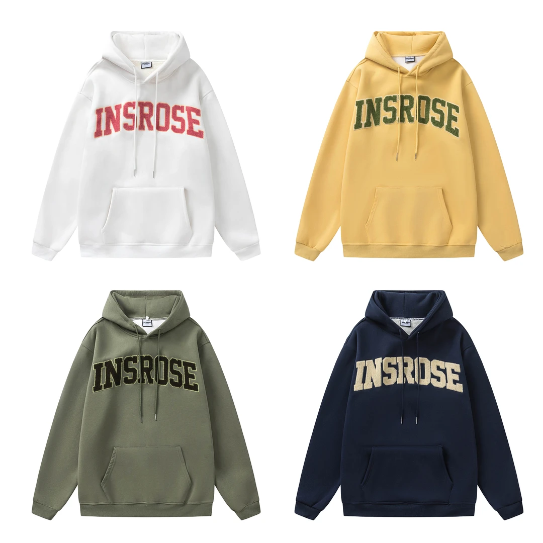 秋冬季新款美式复古oversize连帽加绒毛巾绣重磅卫衣情侣男女款