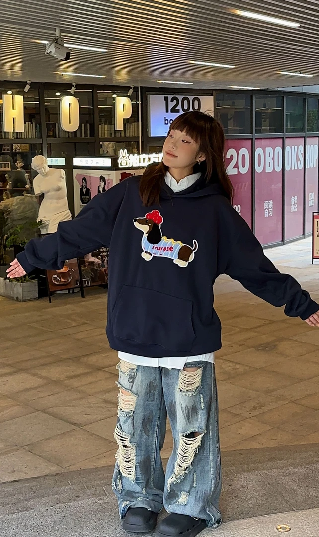 国潮秋冬新款情侣美式毛巾绣腊肠狗宽松潮流ins百搭连帽卫衣休闲