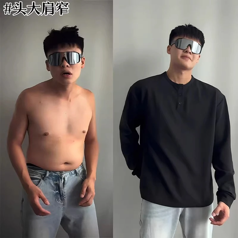 cleanfit黑色亨利领长袖t恤男春秋款v领卫衣正肩美式内搭打底衫