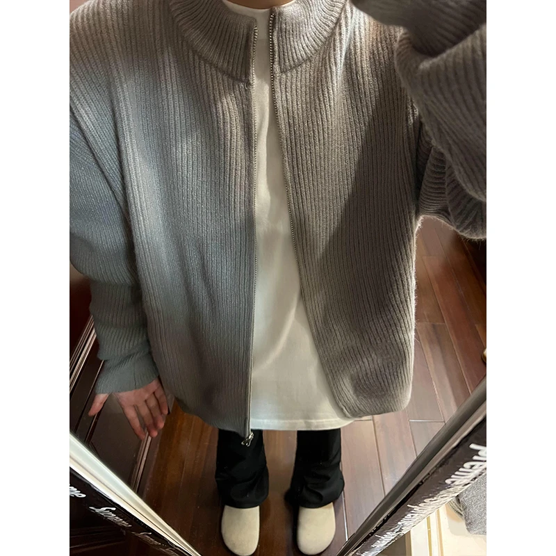 cleanfit灰色拉链开衫针织外套男春秋款高级感美式慵懒风休闲毛衣