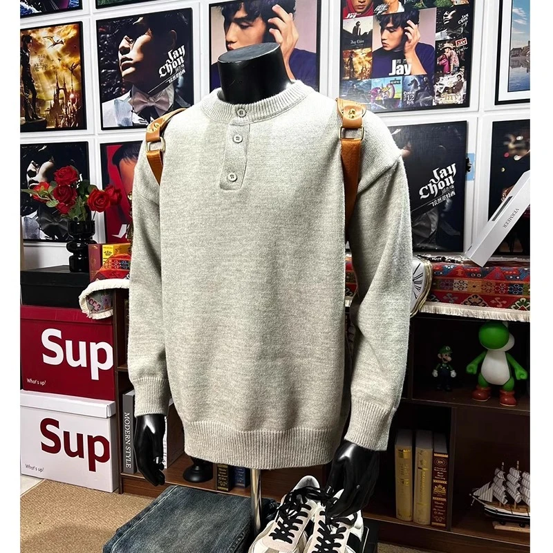 灰色美式亨利领毛衣男款冬季潮牌高级感慵懒风cleanfit针织打底衫