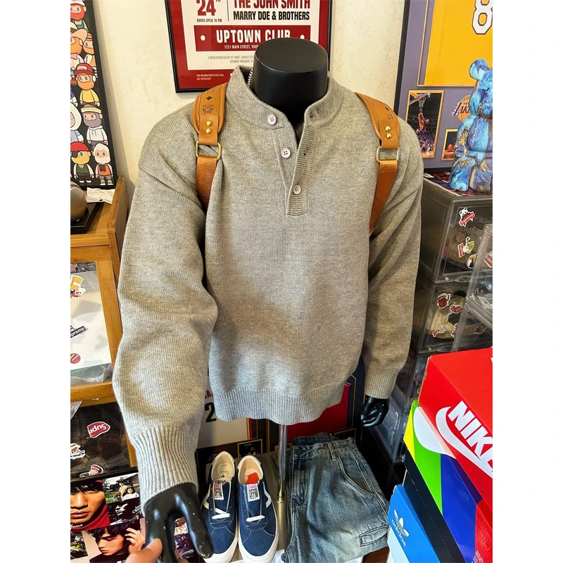花灰色短款亨利领毛衣男冬季高级感美式慵懒风cleanfit内搭针织衫