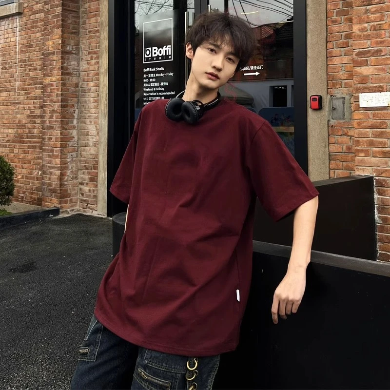 美式复古暗红色280g重磅t恤枣红色小领口纯棉短袖男夏季潮流半袖