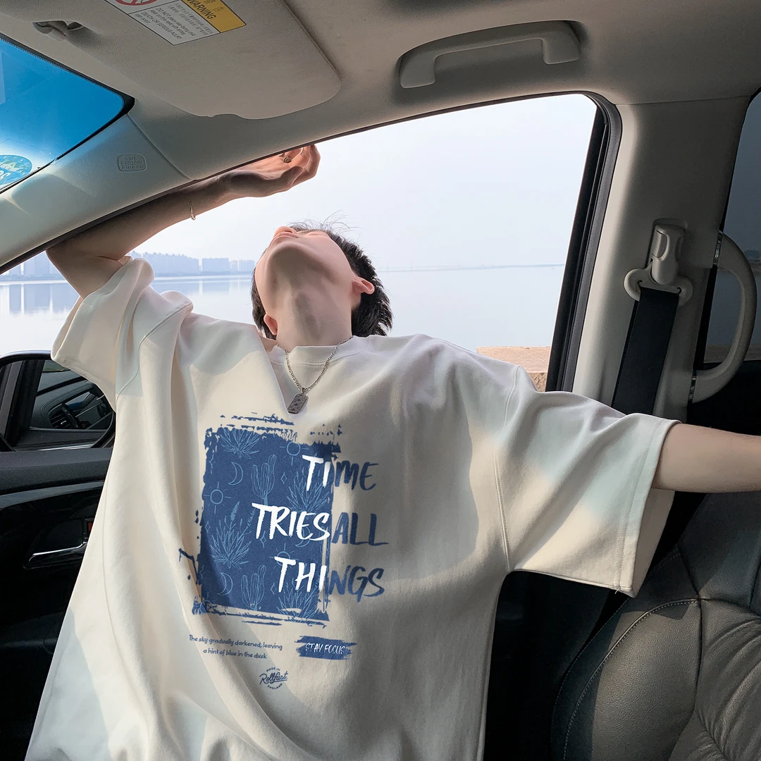 美式重磅字母印花短袖男潮牌体恤纯棉t恤oversize高街情侣五分袖