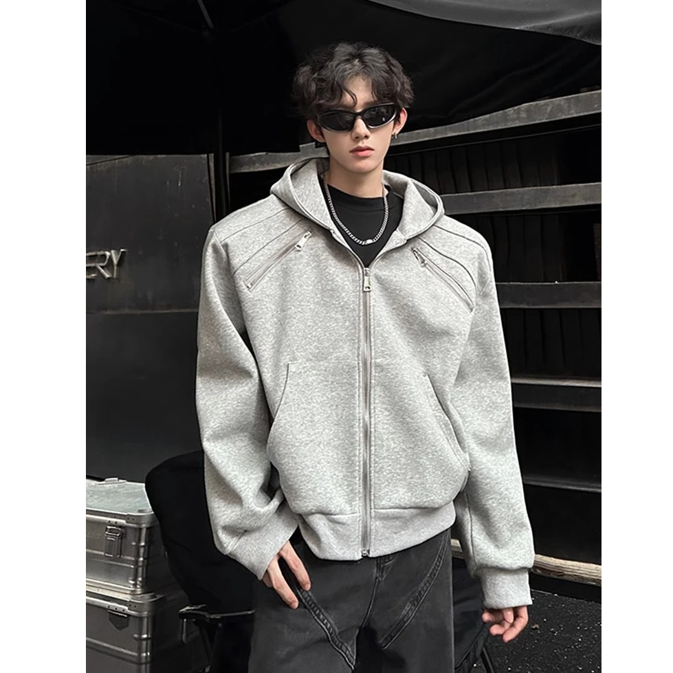 浅灰色cleanfit短款垫肩开衫卫衣男高级感痞帅连帽衫美式廓形外套