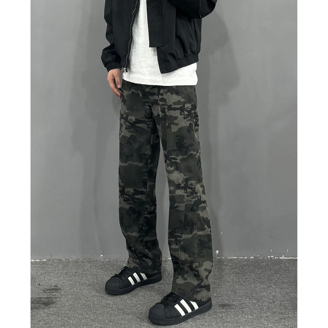 军绿色迷彩工装裤子男春夏直筒牛仔裤美式高街cleanfit伐木裤