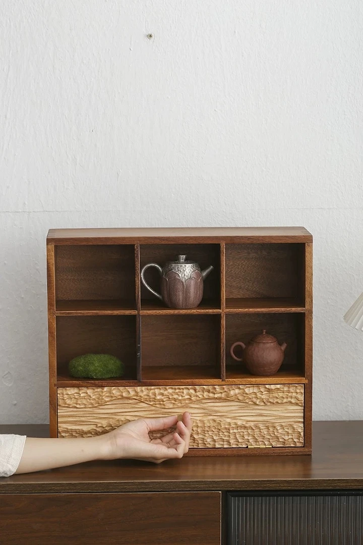 多宝阁壶杯建盏收纳六格胡桃木白蜡木单拉门茶室42-13-35cm hp182