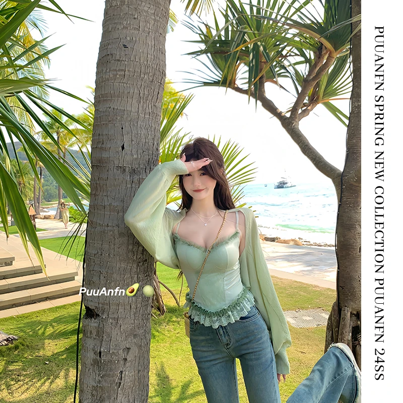 PuuAnfn【薄荷曼波】背心吊带*蕾丝透气百搭纯欲性感吊带~