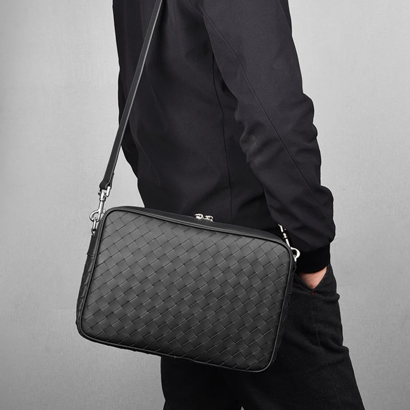 男士高档小挎包斜挎包男款单肩包相机包真皮编织男包大容量高级感