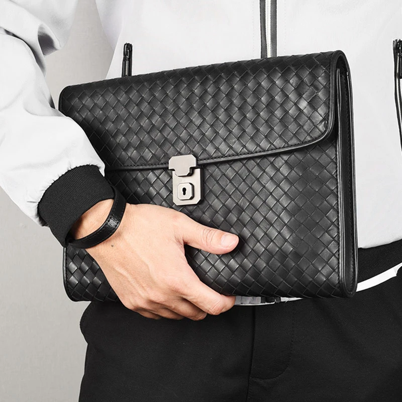 手拿包信封包男款手包奢侈手工编织真皮商务通勤2024收纳包时尚