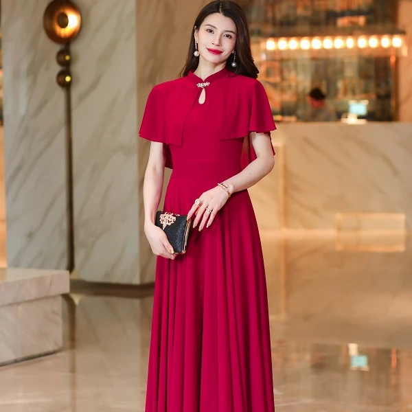 2024新款酒红色夏季高腰显瘦名媛高级感喜婆婆礼服大摆连衣裙2348