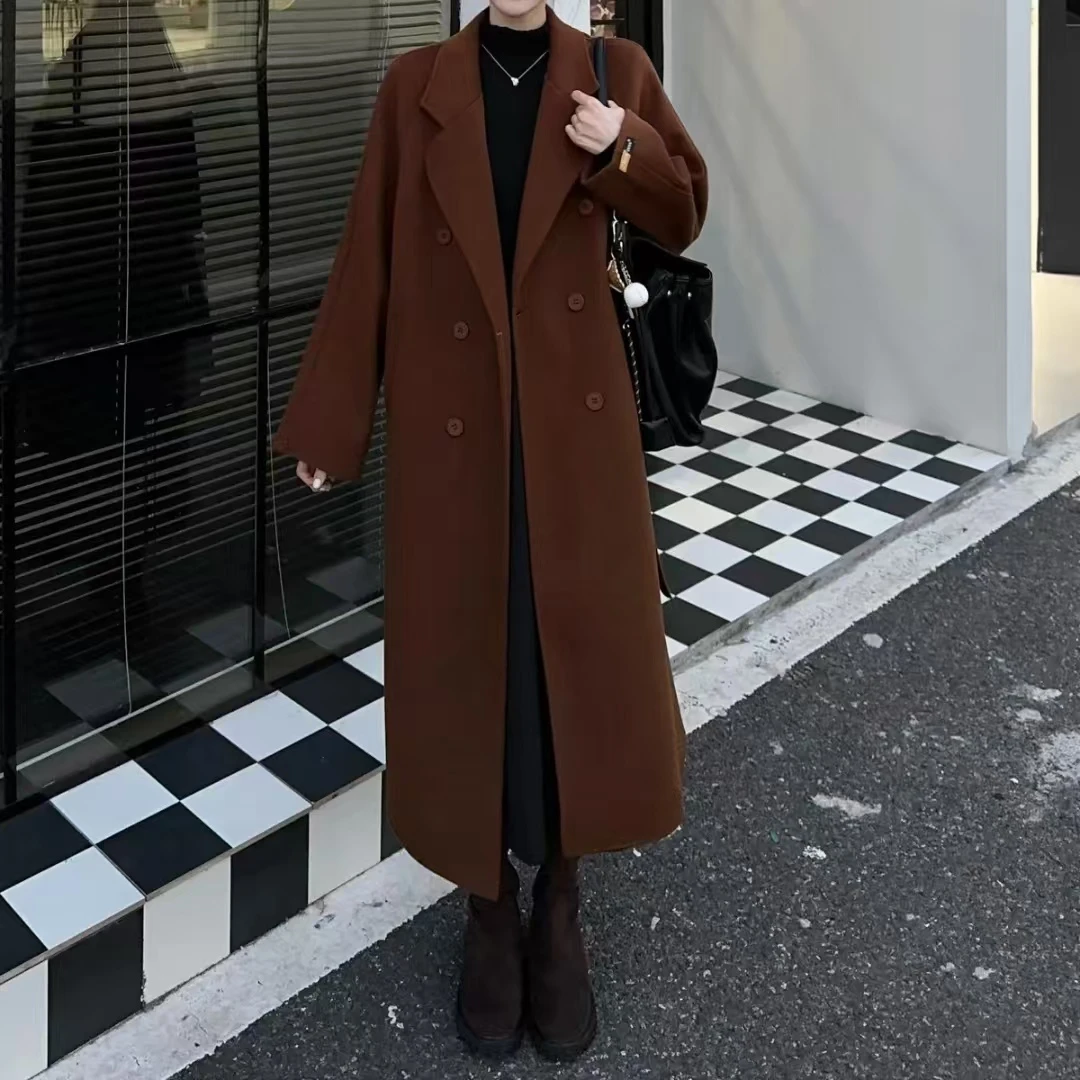 【H】2024秋冬新款双面绒大衣女系带纽扣中长款毛呢外套保暖显瘦西