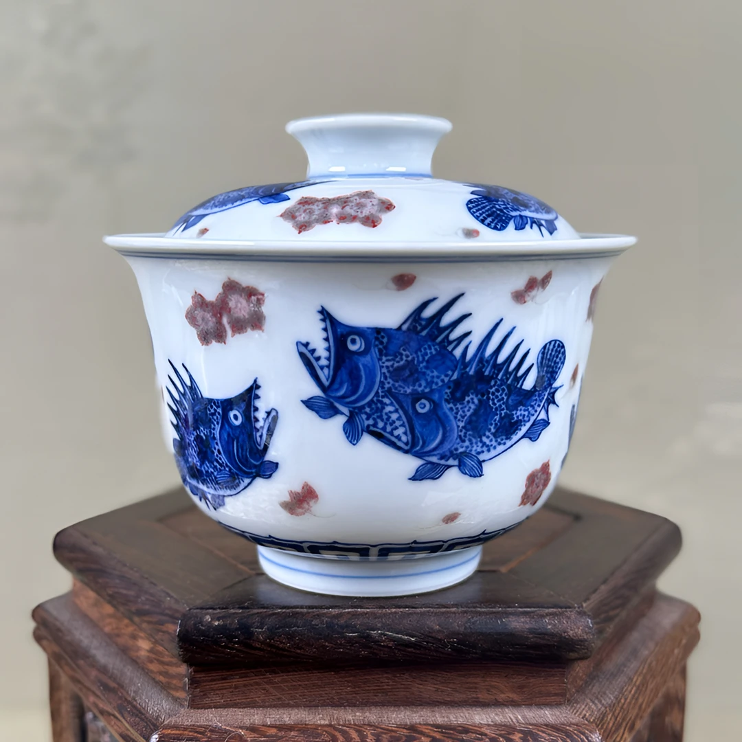 仿明桃花鳜鱼釉里红两才盖碗陶瓷纯手工全手工釉下彩小盖碗中式