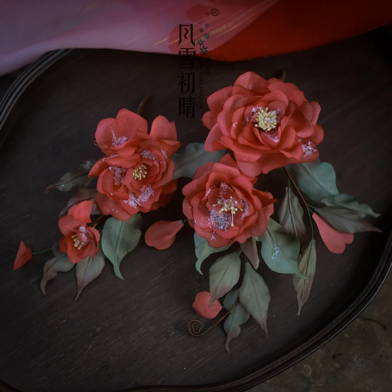 风雪初晴山茶霁雪软簪发簪钗纯手工百搭头饰红色古风烫花发饰女